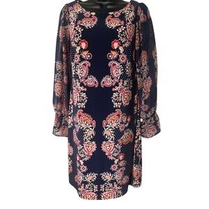 Vince Camuto Navy Floral Print Shift Dress Long Sleeve Size 10